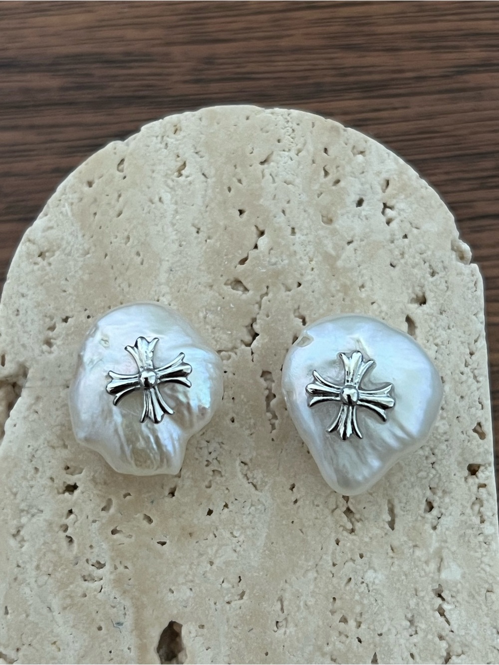 Silver Cross Baroque Pearl Stud Earrings - White Pearl